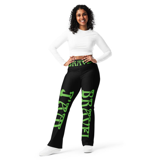 “I’AM BRAVE!” Black Flare Leggings W/Green Font