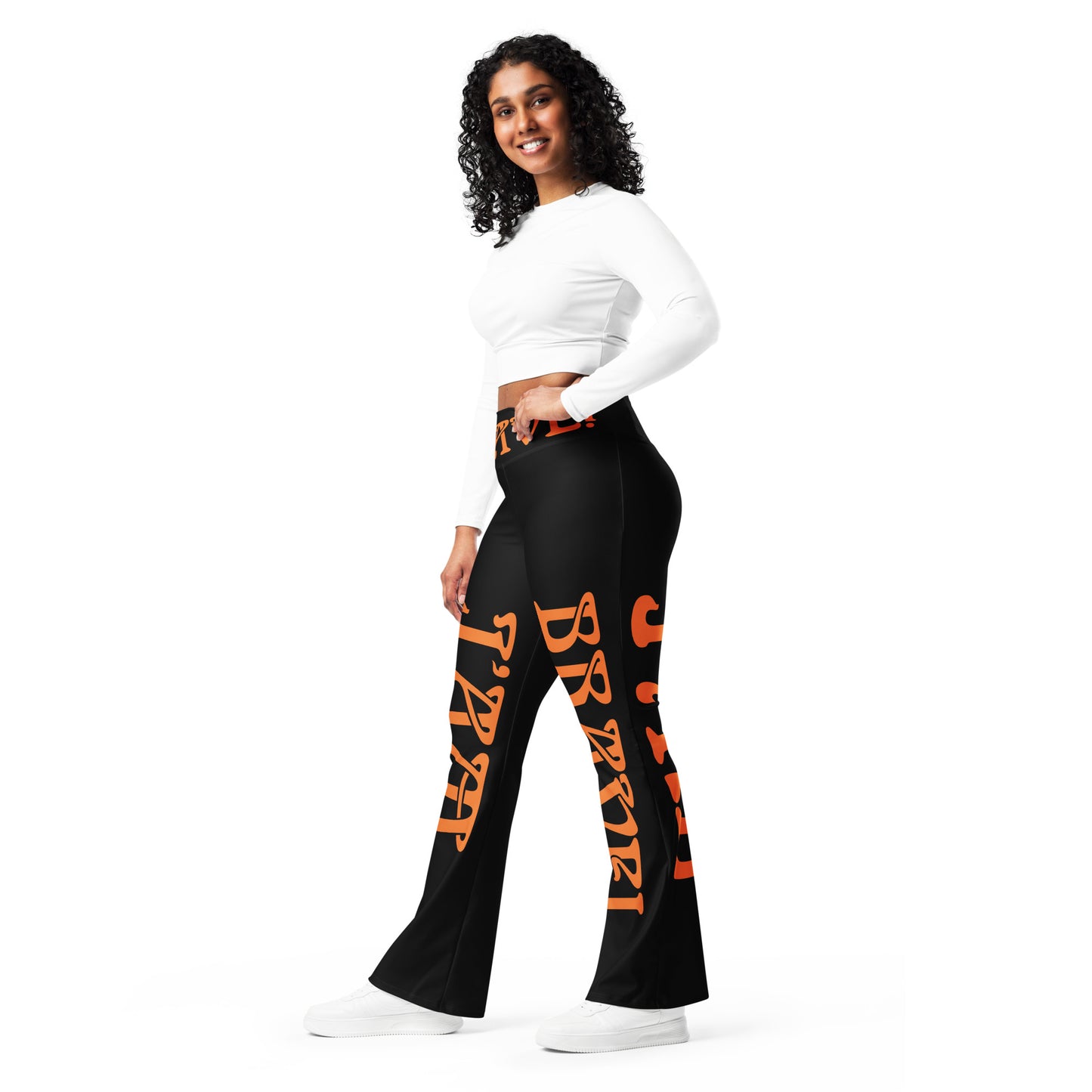 “I’AM BRAVE!” Black Flare Leggings W/Orange Font