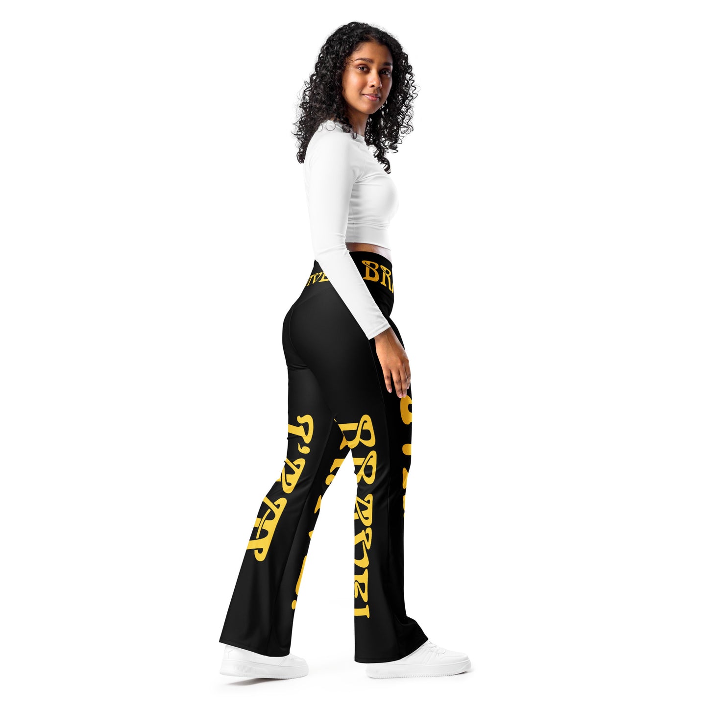 “I’AM BRAVE!” Black Flare Leggings W/Yellow Font