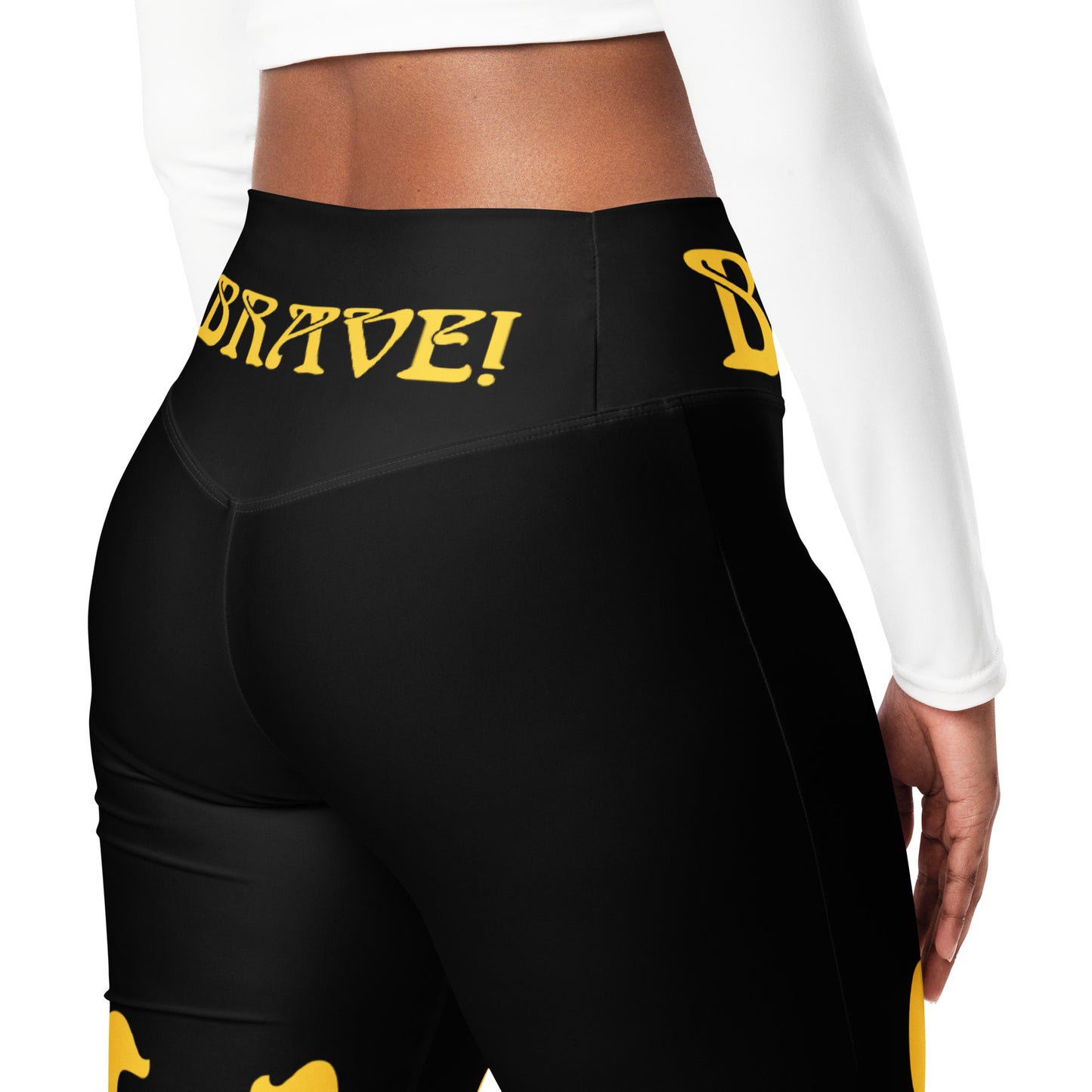 “I’AM BRAVE!” Black Flare Leggings W/Yellow Font