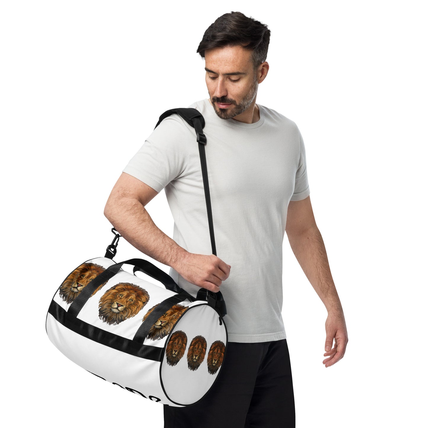 “STRONG LION”White Gym Bag W/Black Font