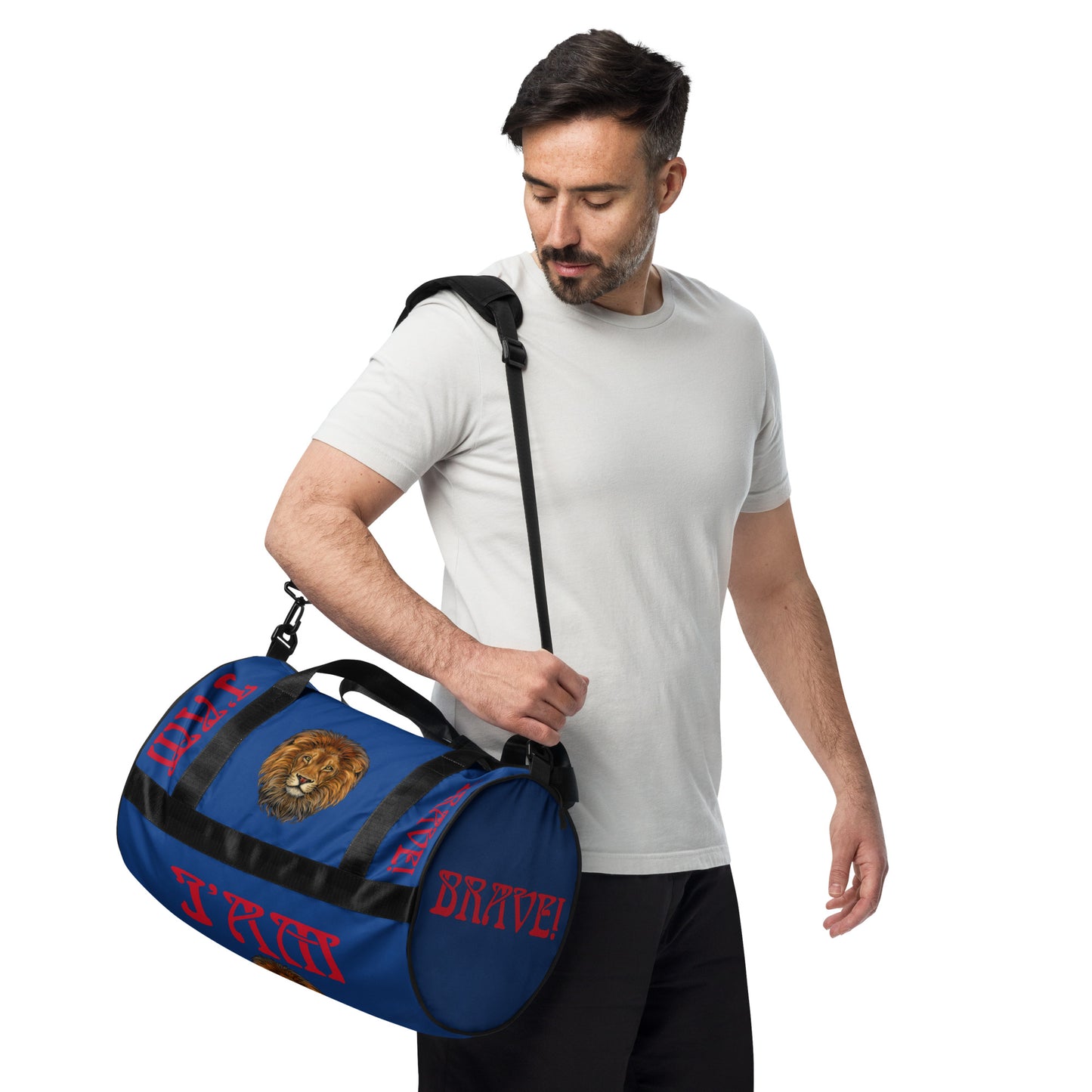 “I’AM BRAVE!” Blue Gym Bag W/Red Font