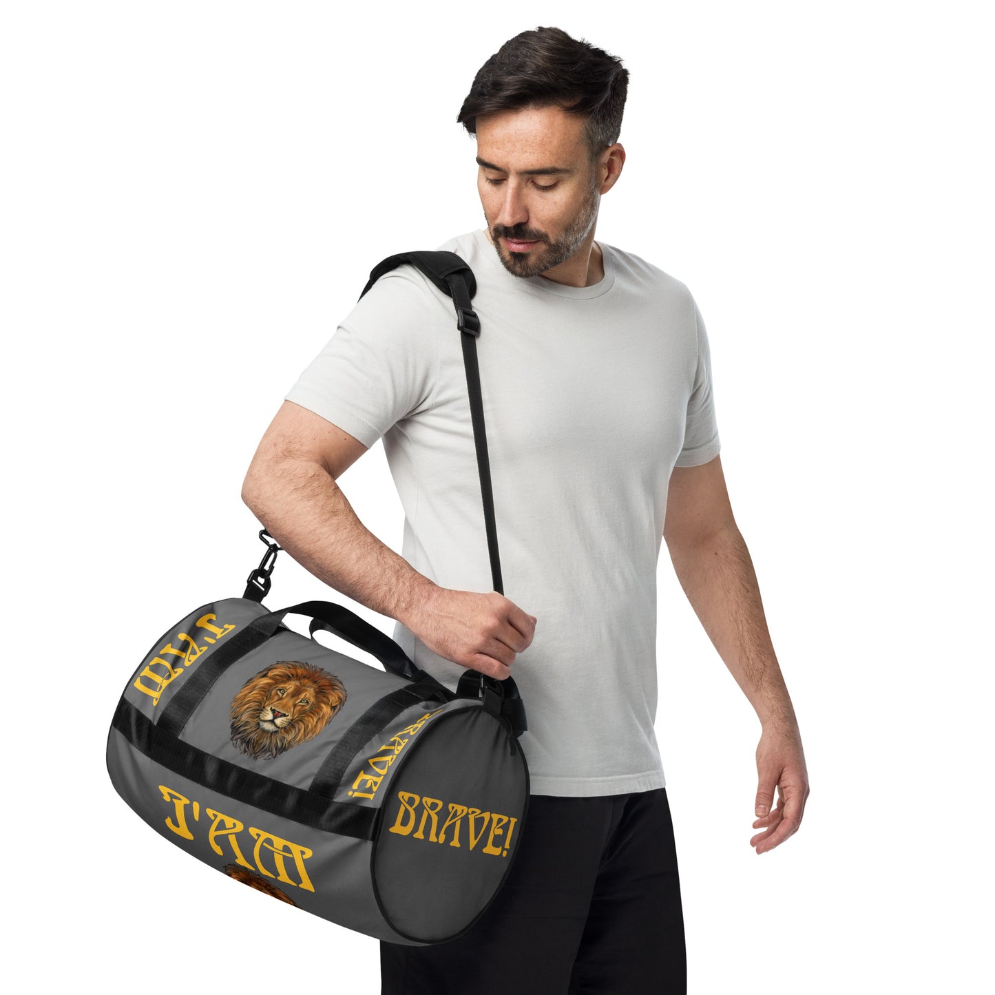 “I’AM BRAVE!” Grey Gym Bag W/Yellow Font