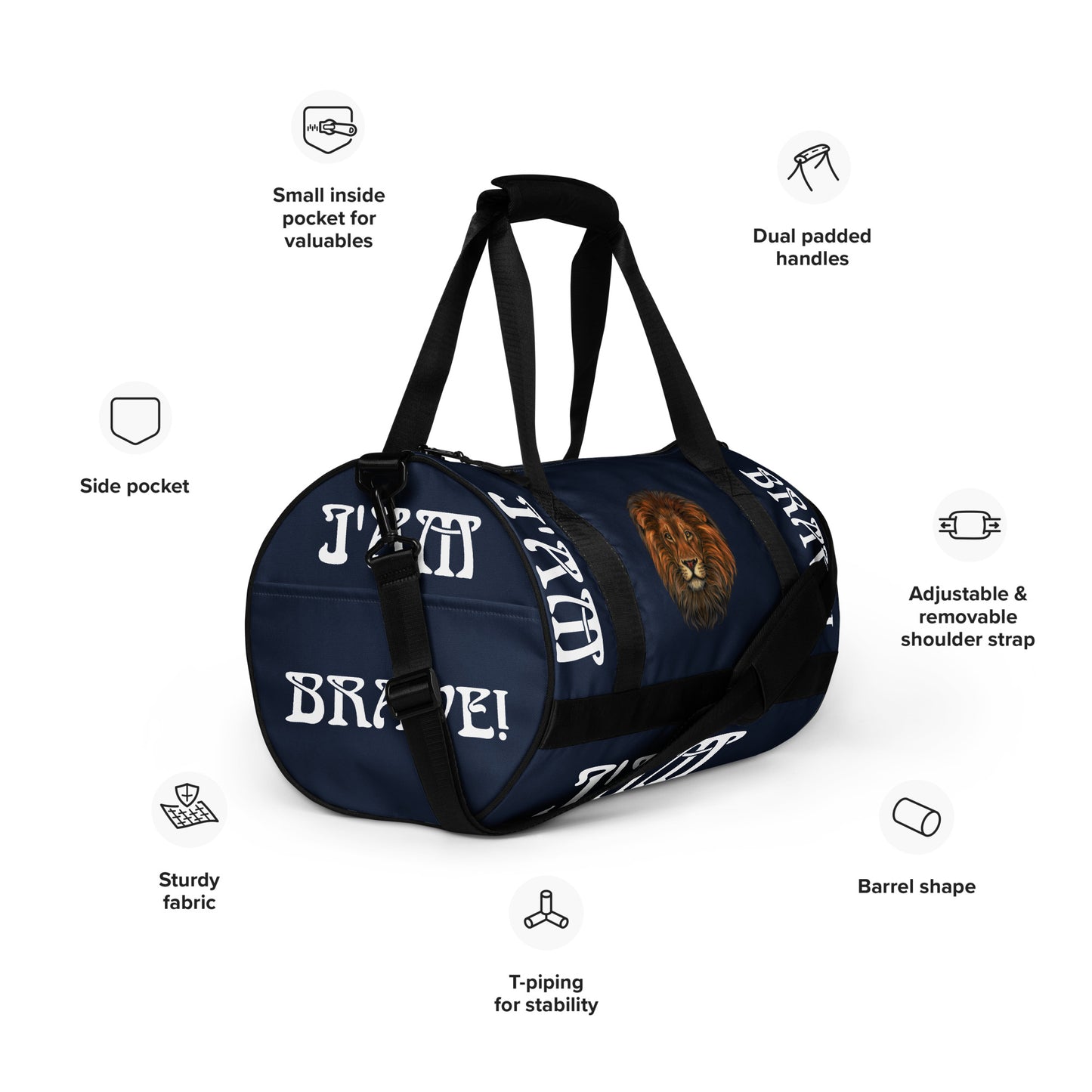 “I’AM BRAVE!” Navy Gym Bag W/White Font