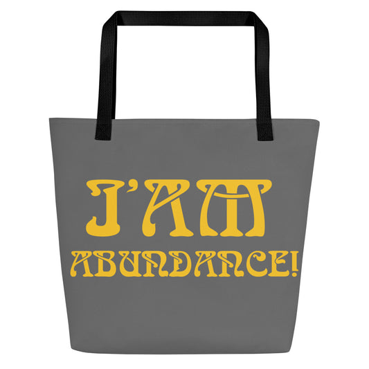 “I’AM ABUNDANCE!”Grey All-Over Print Large Tote Bag W/Yellow Font