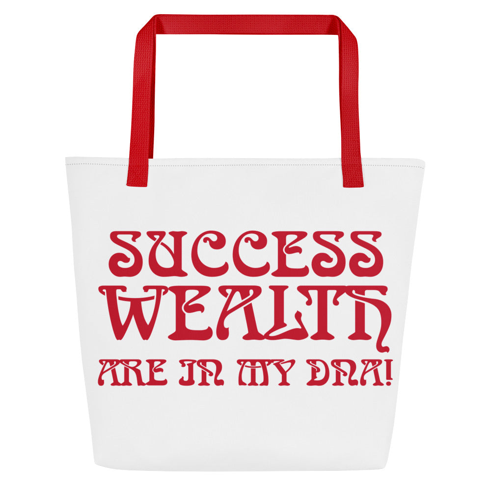 “SUCCESS,WEALTH ARE IN MY DNA!”White All-Over Print Large Tote Bag W/Red Font