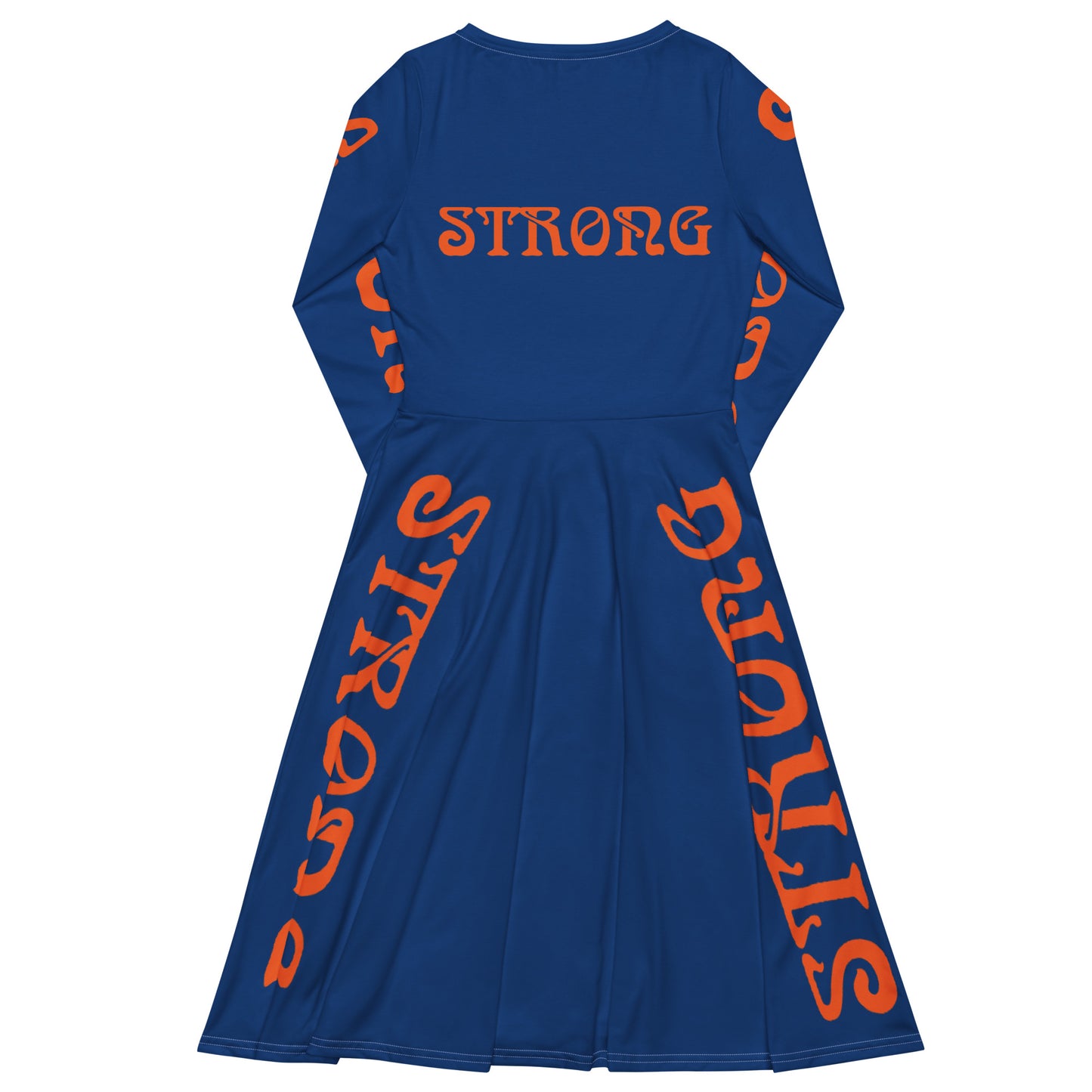 “STRONG”Blue Long Sleeve Midi Dress W/Orange Font