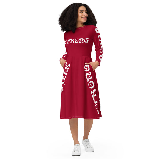 “STRONG”Red Long Sleeve Midi Dress W/White Font