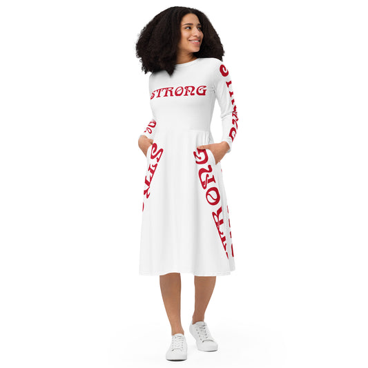 “STRONG”White Long Sleeve Midi Dress W/Red Font