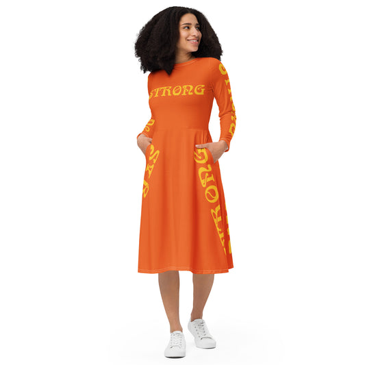 “STRONG”Orange Long Sleeve Midi Dress W/Yellow Font