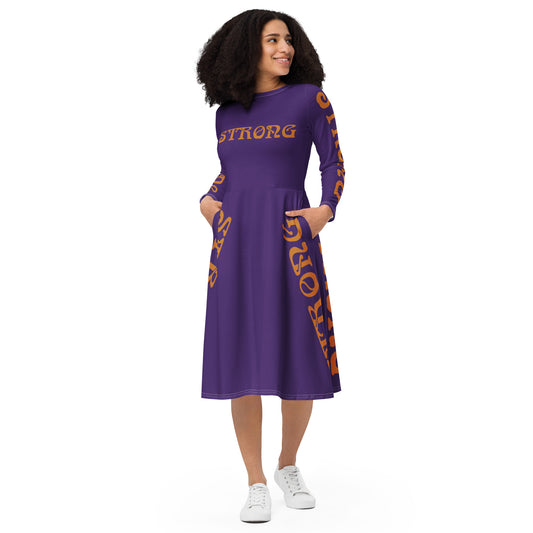 “STRONG”Purple Long Sleeve Midi Dress W/Bronze Font