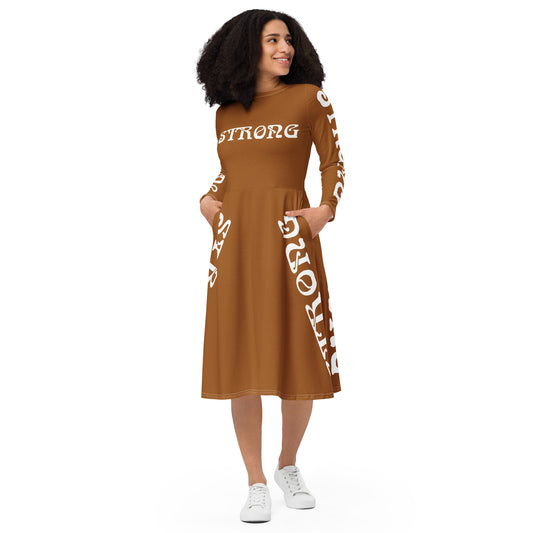 “STRONG”Brown Long Sleeve Midi Dress W/White Font