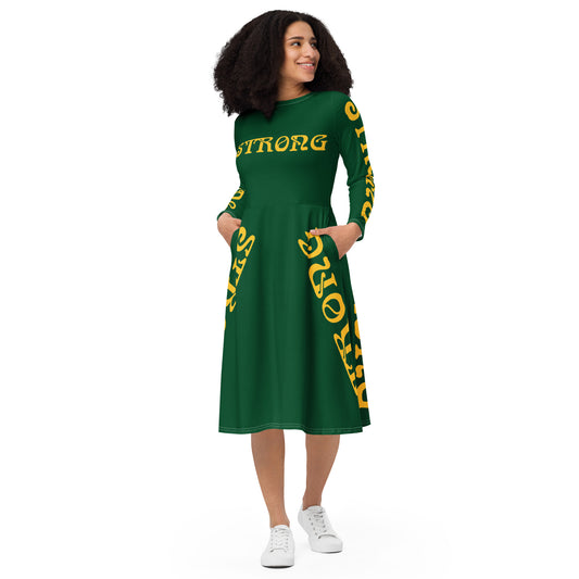 “STRONG”Green Long Sleeve Midi Dress W/Yellow Font