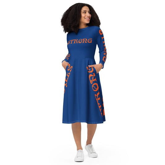 “STRONG”Blue Long Sleeve Midi Dress W/Orange Font