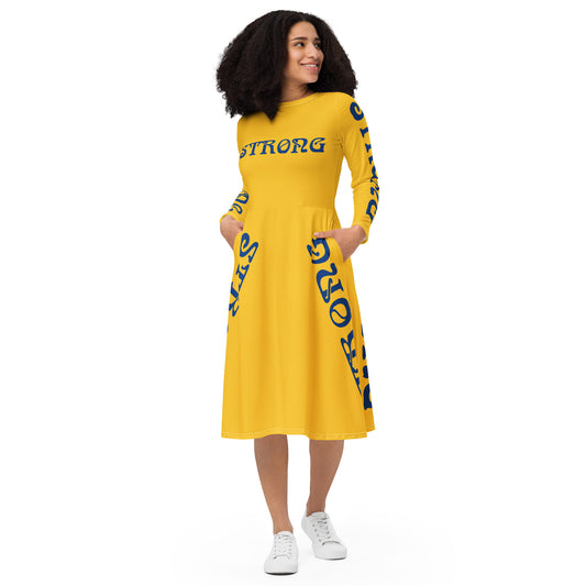 “STRONG”Yellow Long Sleeve Midi Dress W/Blue Font