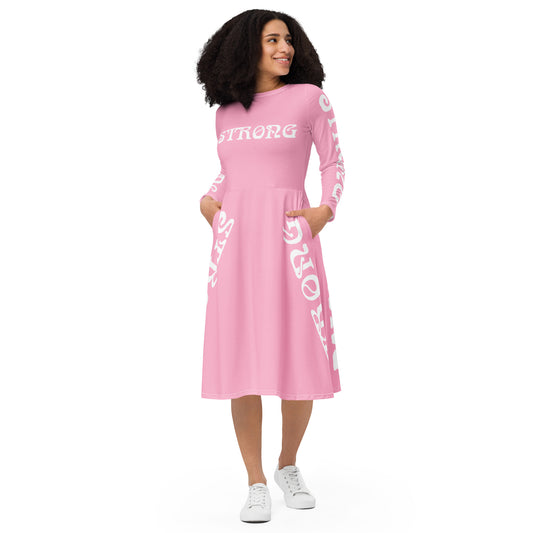 “STRONG”Cotton Candy Long Sleeve Midi Dress W/White Font