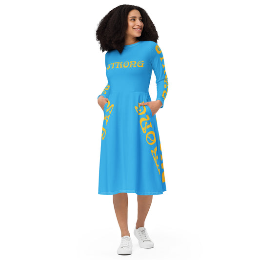 “STRONG”SkyBlue Long Sleeve Midi Dress W/Yellow Font