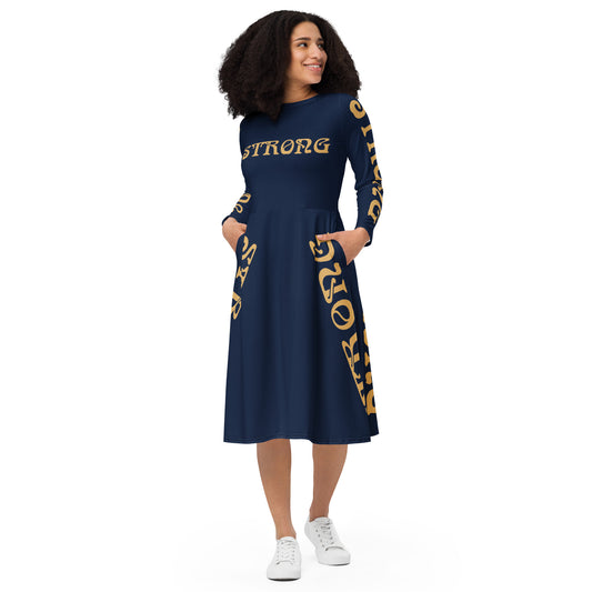 “STRONG”Navy-Blue Long Sleeve Midi Dress W/Fawn Font