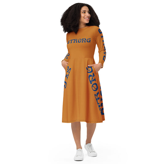 “STRONG”Bronze Long Sleeve Midi Dress W/Navy Font