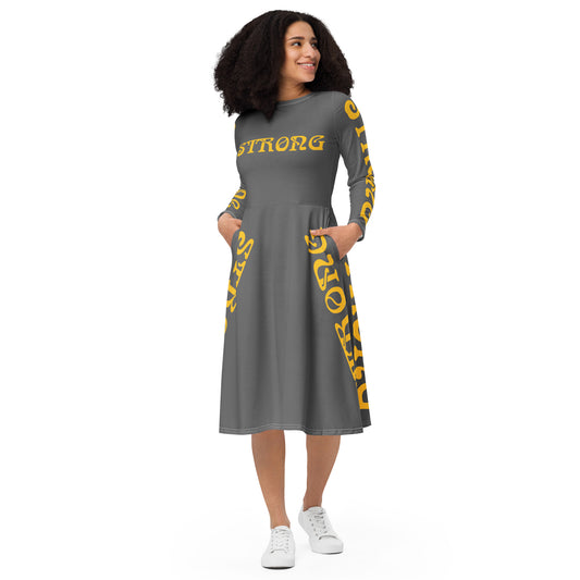 “STRONG”Grey Long Sleeve Midi Dress W/Yellow Font