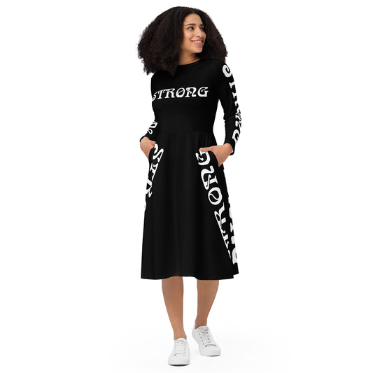 “STRONG”Black Long Sleeve Midi Dress W/White Font