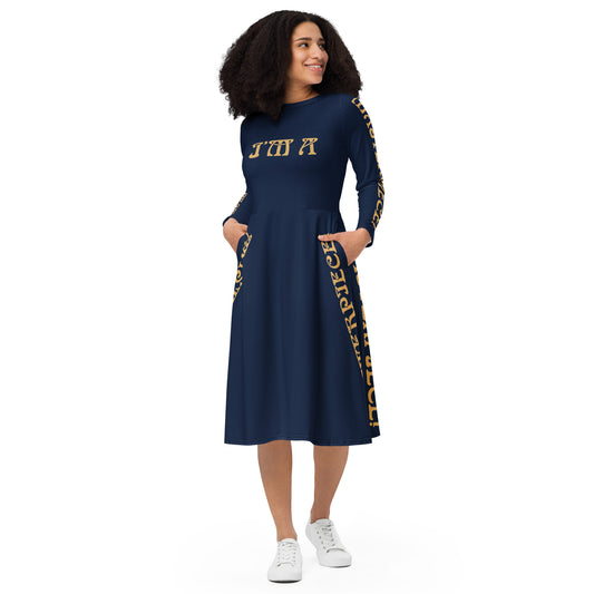 “I’M A MASTERPIECE!”Navy Long Sleeve Midi Dress W/Fawn Font