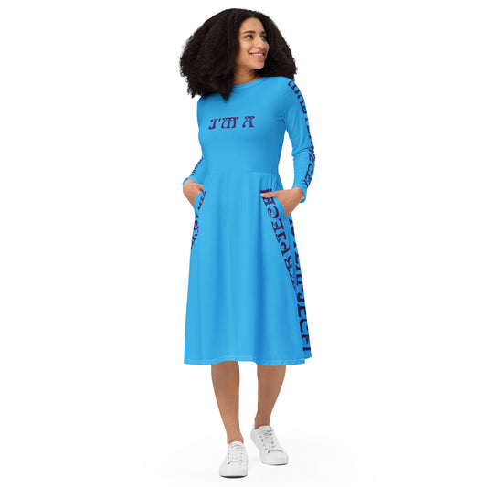 “I’M A MASTERPIECE!”SKYBLUE Long Sleeve Midi Dress W/Navy Font