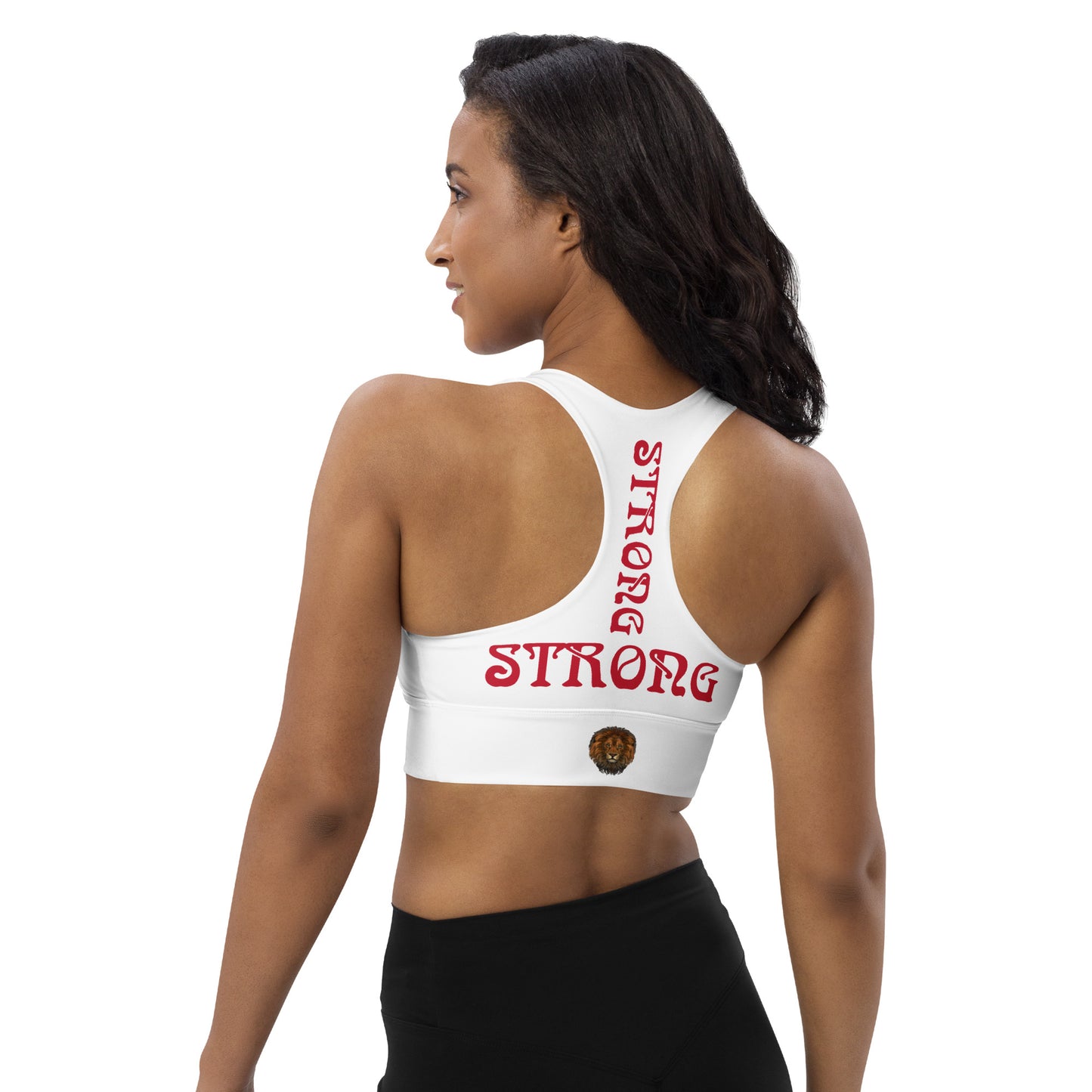 “STRONG”White Longline Sports Bra W/Red Font