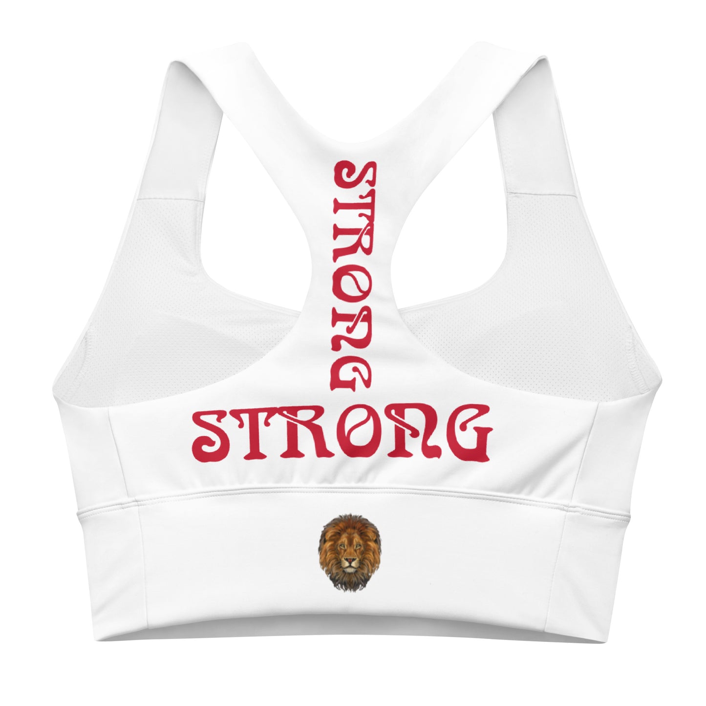 “STRONG”White Longline Sports Bra W/Red Font