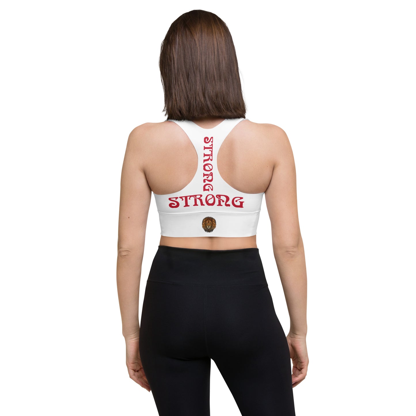 “STRONG”White Longline Sports Bra W/Red Font