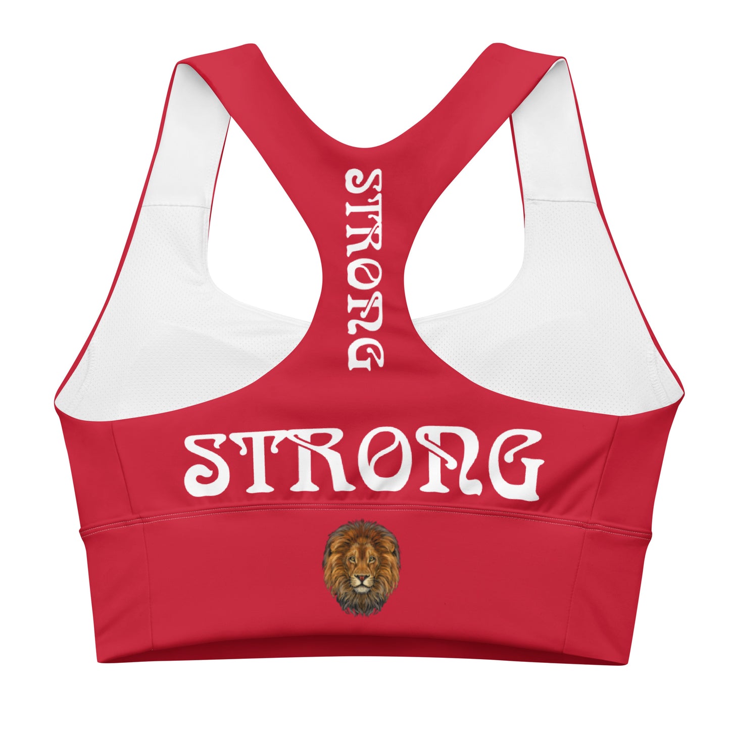 “STRONG”Red Longline Sports Bra W/White Font