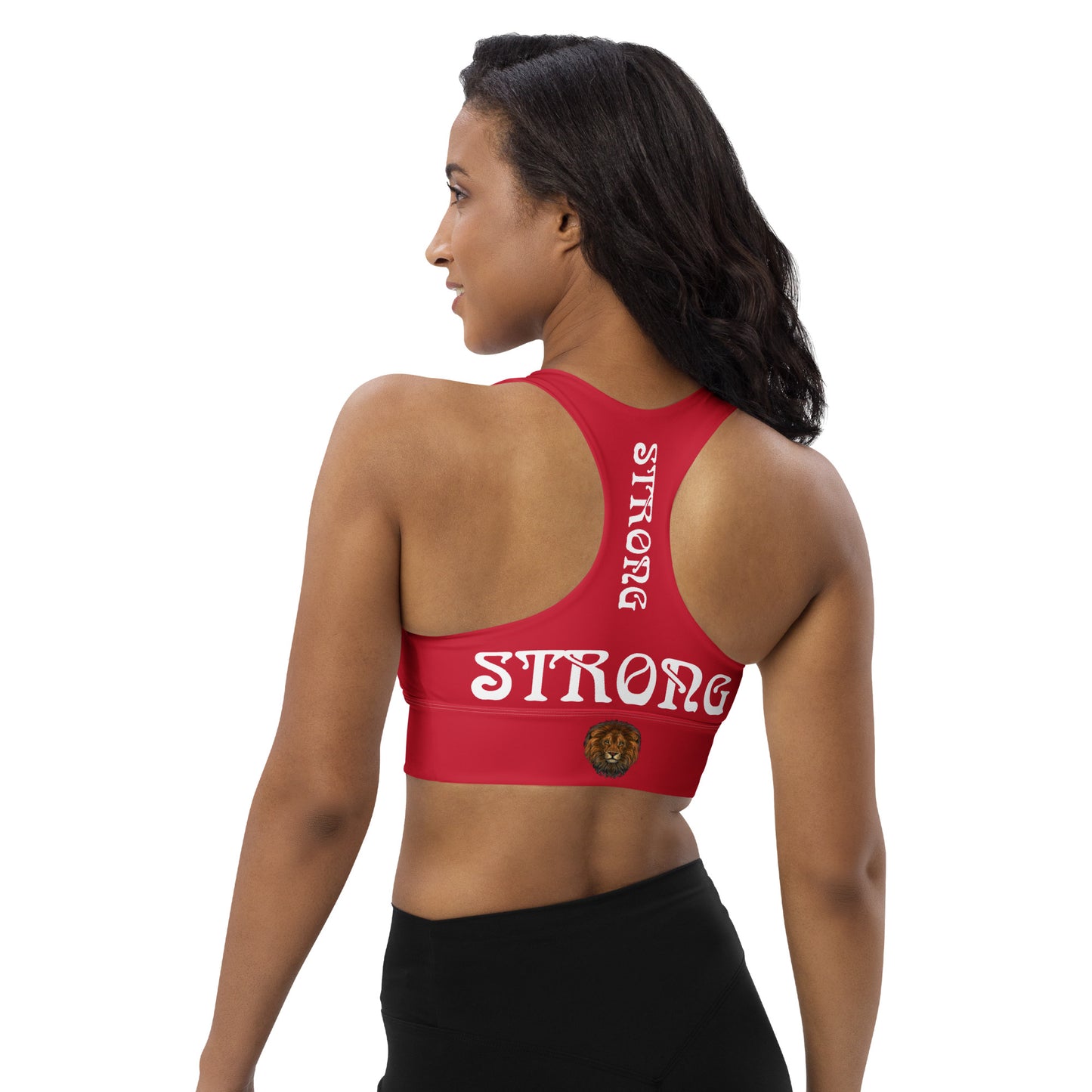 “STRONG”Red Longline Sports Bra W/White Font