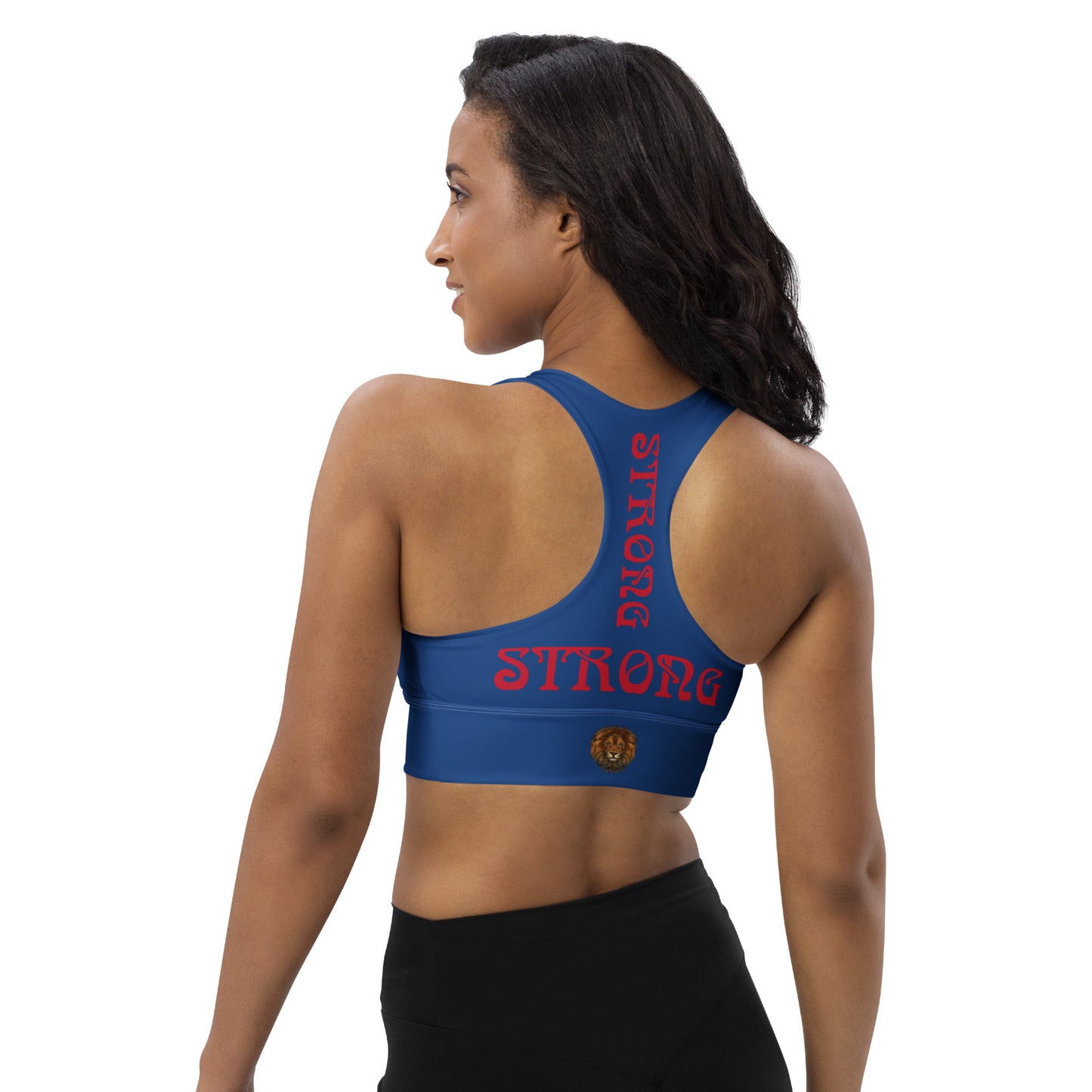 “STRONG”Blue Longline Sports Bra W/Red Font