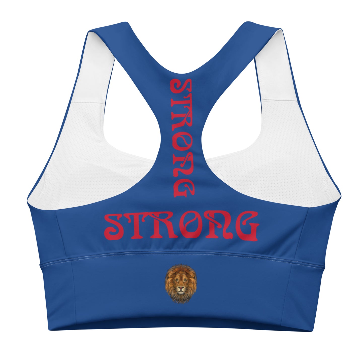 “STRONG”Blue Longline Sports Bra W/Red Font