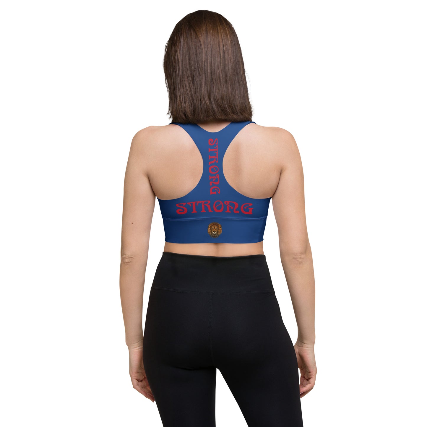 “STRONG”Blue Longline Sports Bra W/Red Font