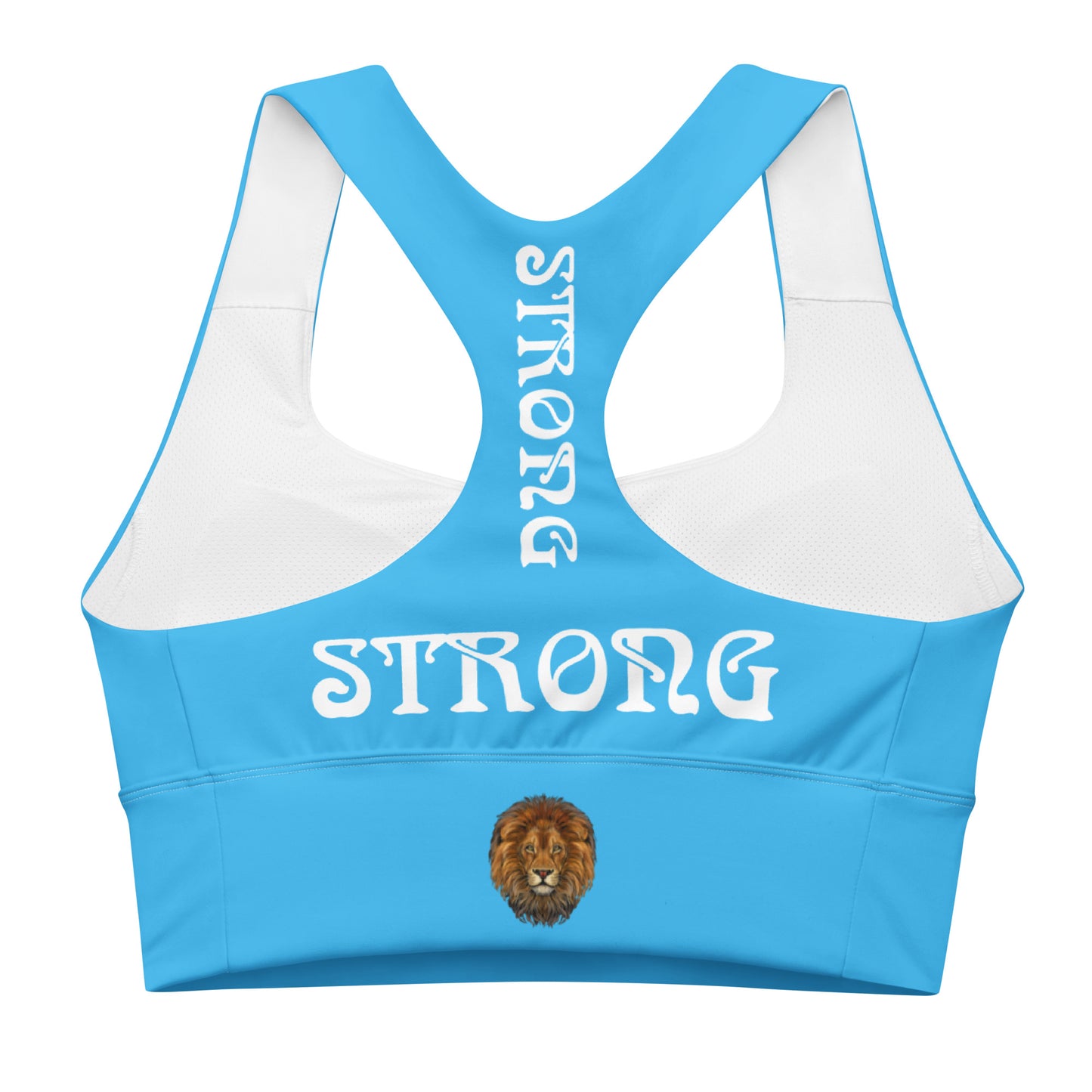 “STRONG" SkyBlue Longline Sports Bra W/White Font