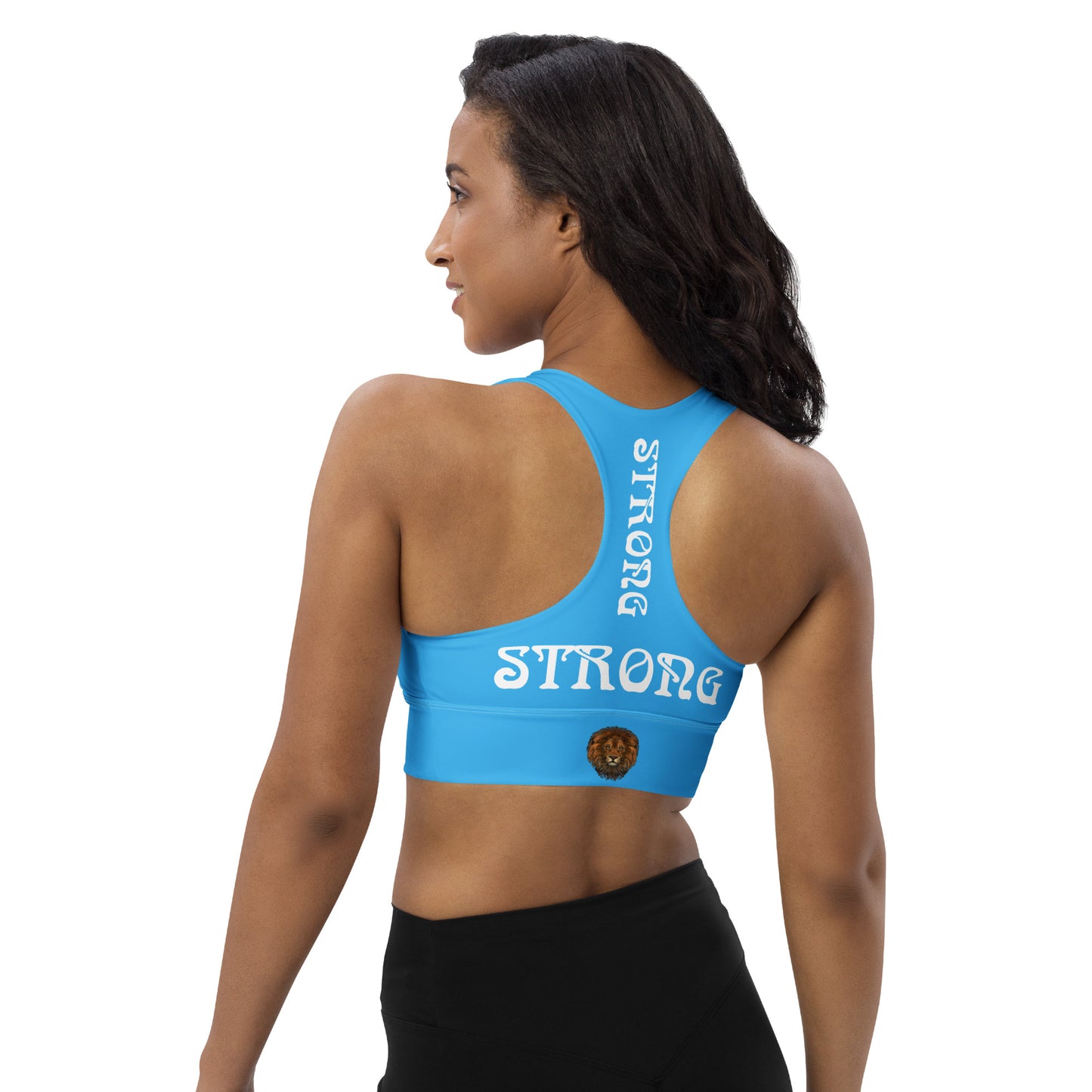 “STRONG" SkyBlue Longline Sports Bra W/White Font