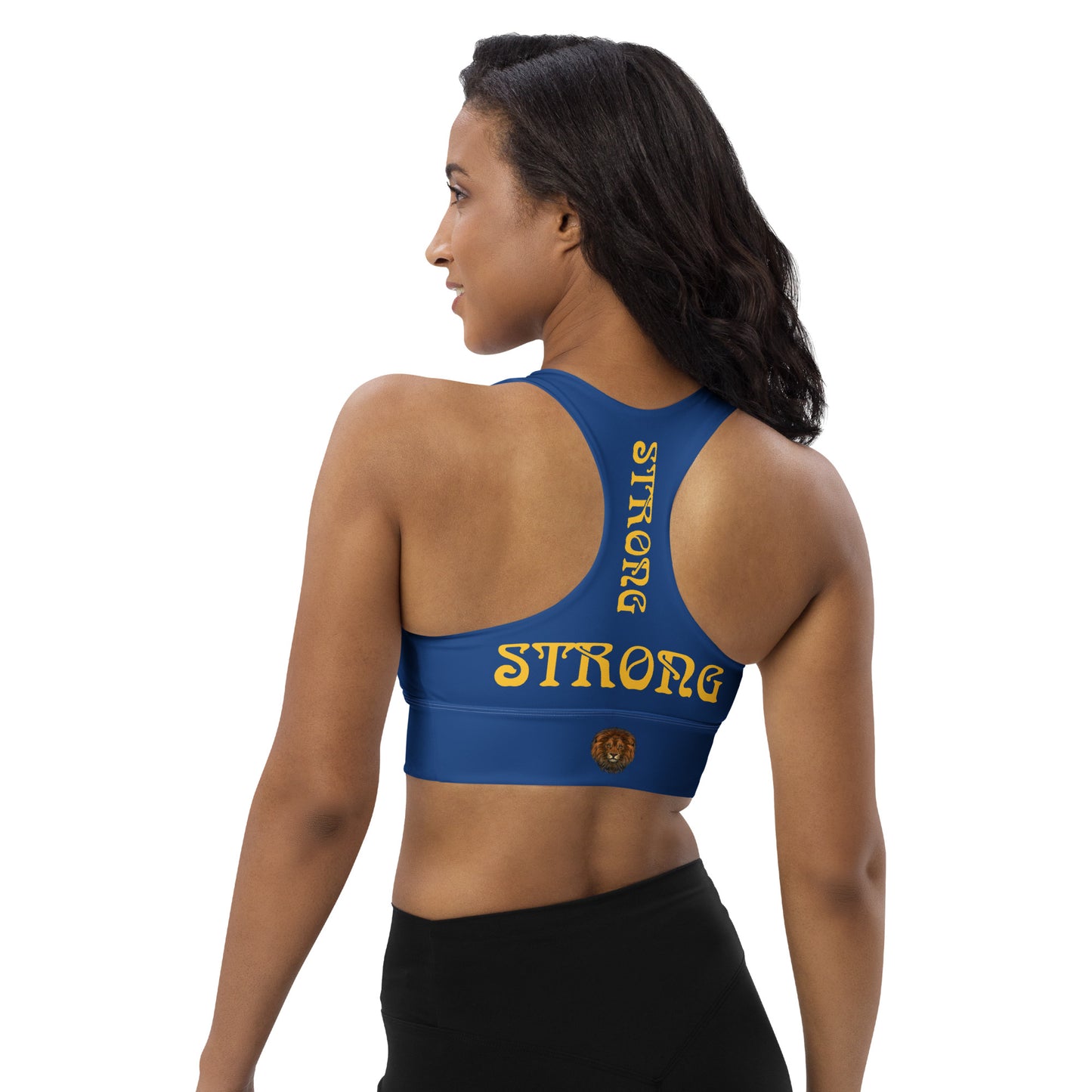 “STRONG”Blue Longline Sports Bra W/Yellow Font