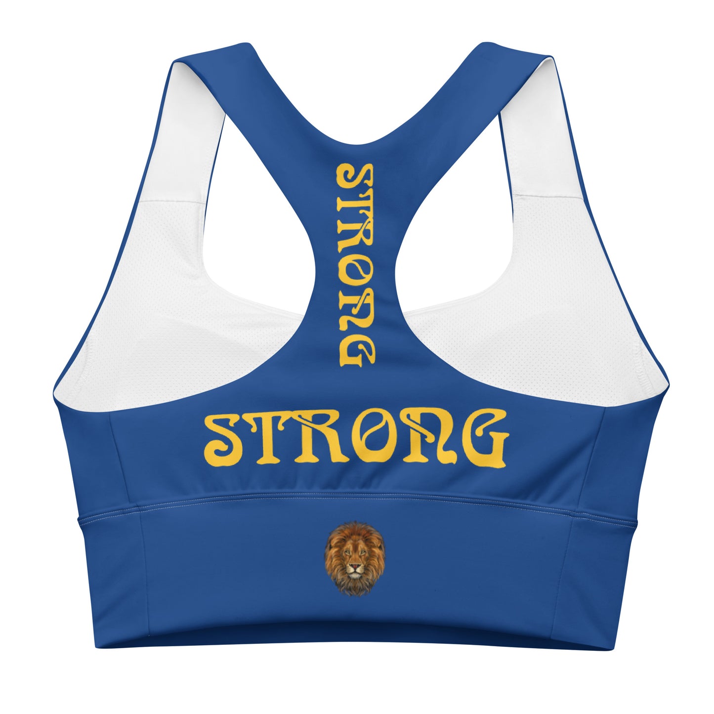 “STRONG”Blue Longline Sports Bra W/Yellow Font