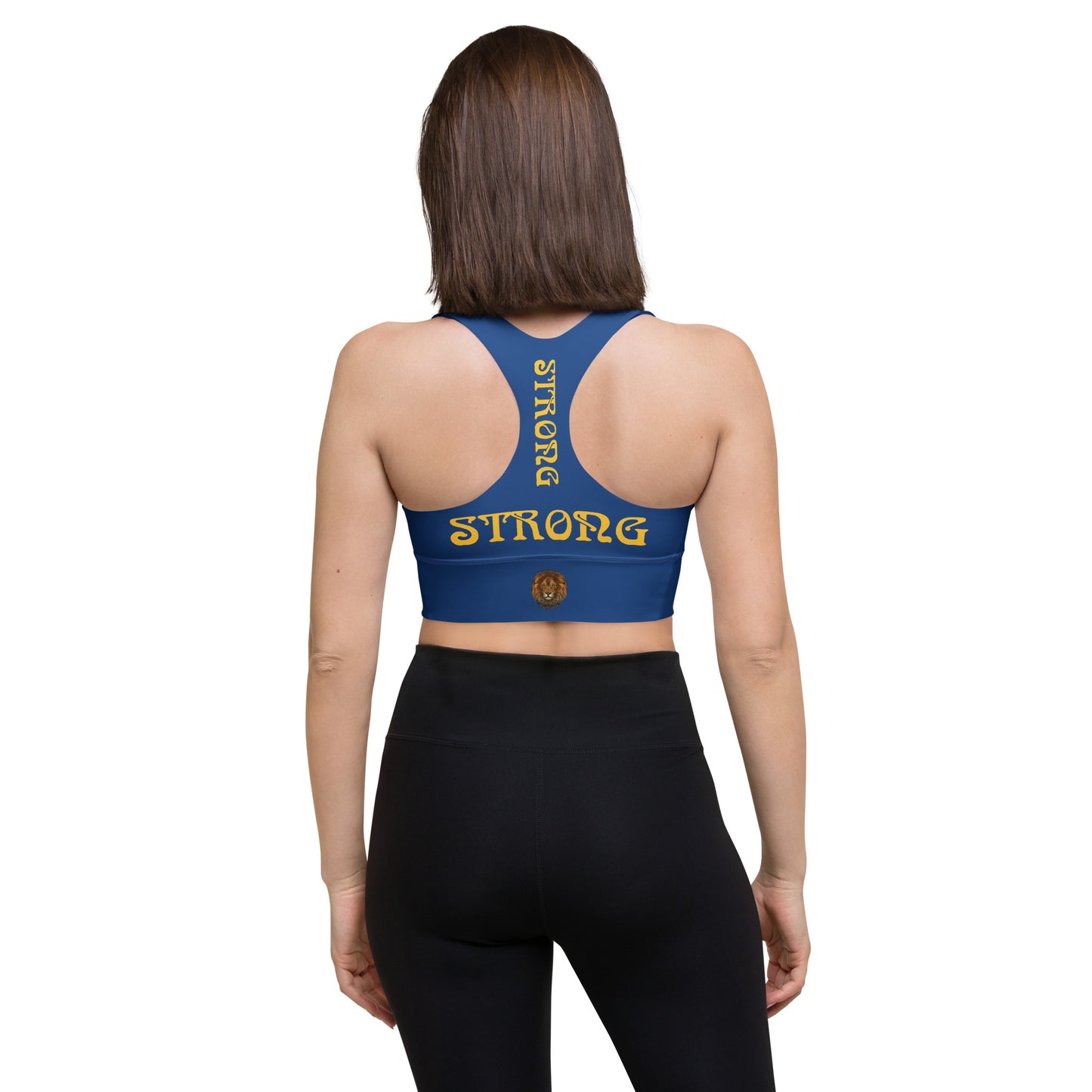 “STRONG”Blue Longline Sports Bra W/Yellow Font