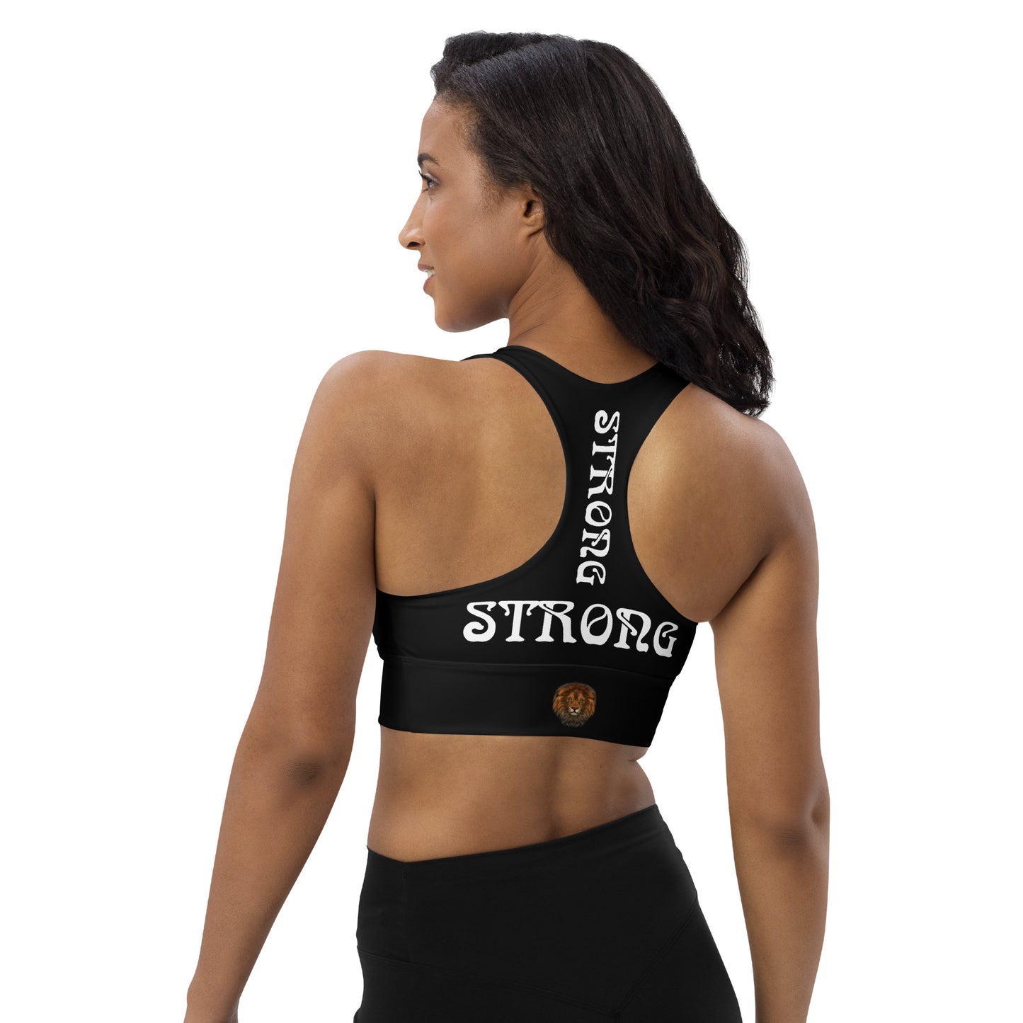 “STRONG”Black Longline Sports Bra W/White Font