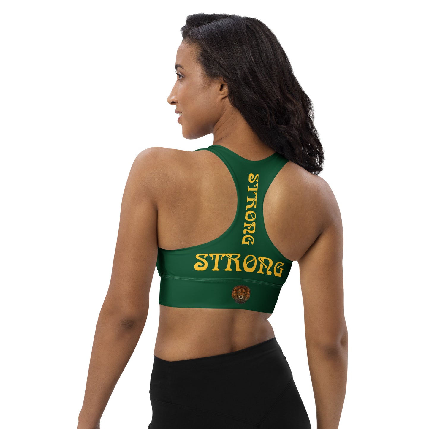 “STRONG”Green Longline Sports Bra W/Yellow Font