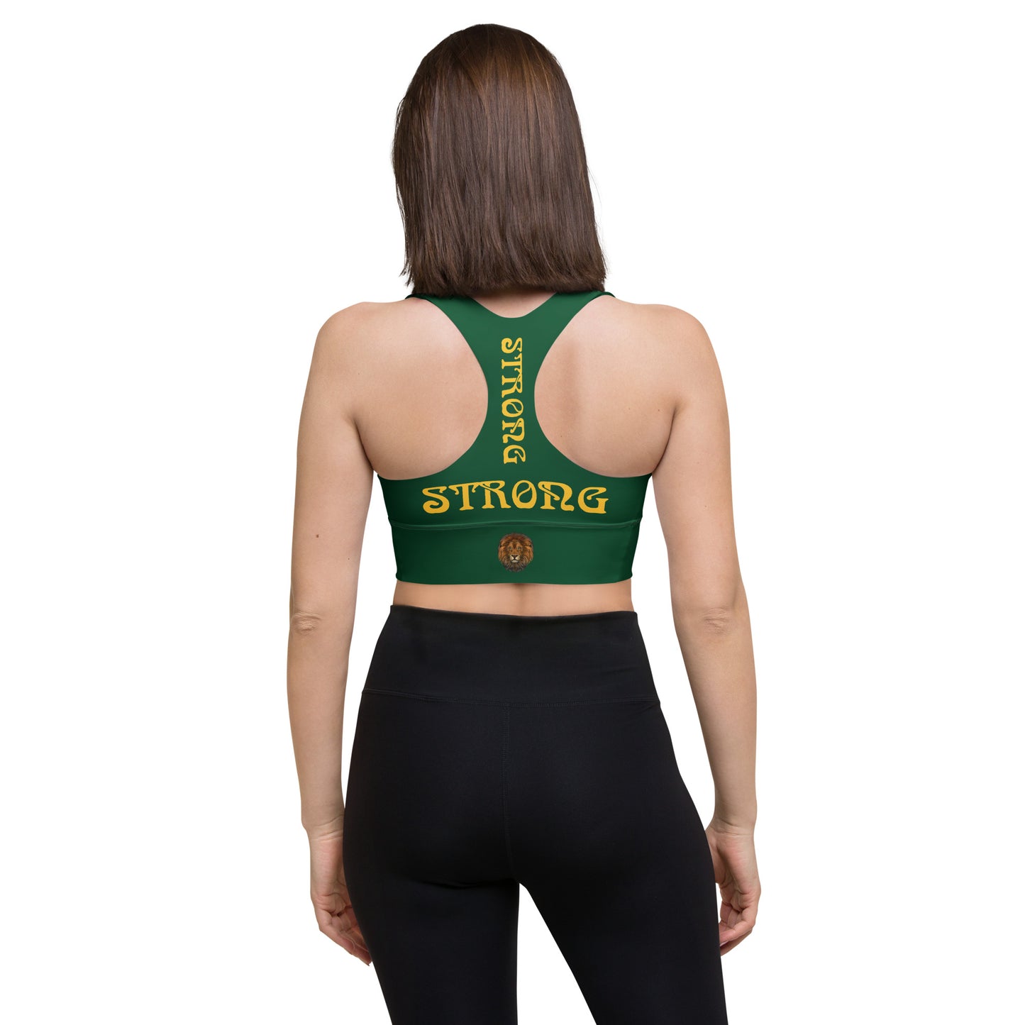 “STRONG”Green Longline Sports Bra W/Yellow Font