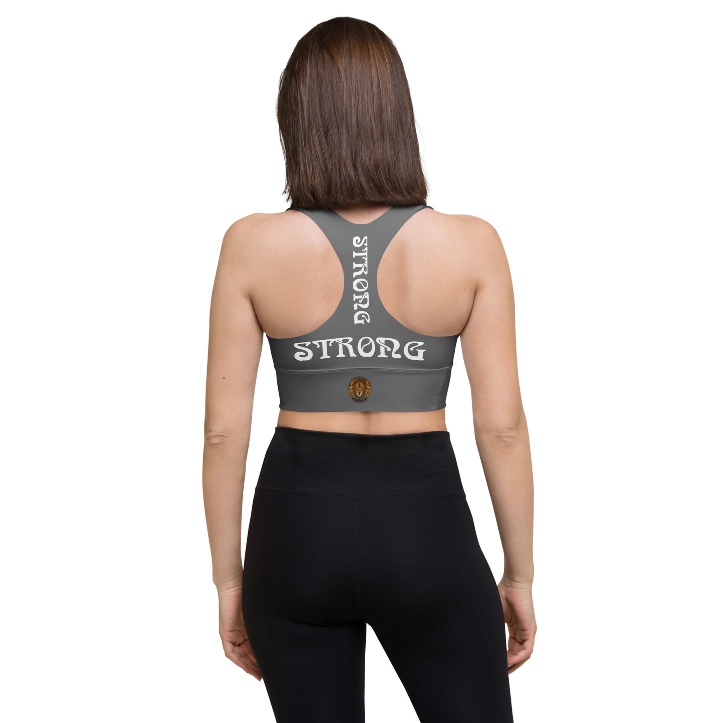 “STRONG”Grey Longline Sports Bra W/White Font