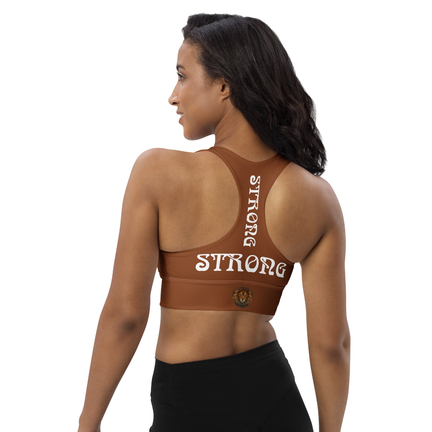 “STRONG”Brown Longline Sports Bra W/White Font