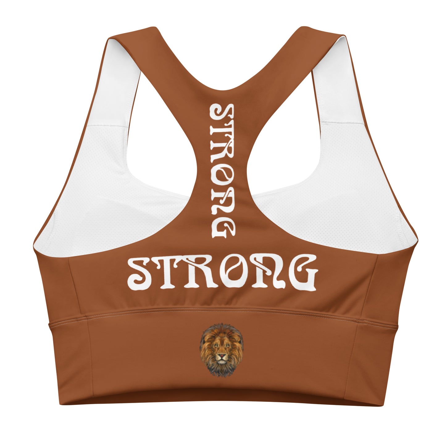 “STRONG”Brown Longline Sports Bra W/White Font