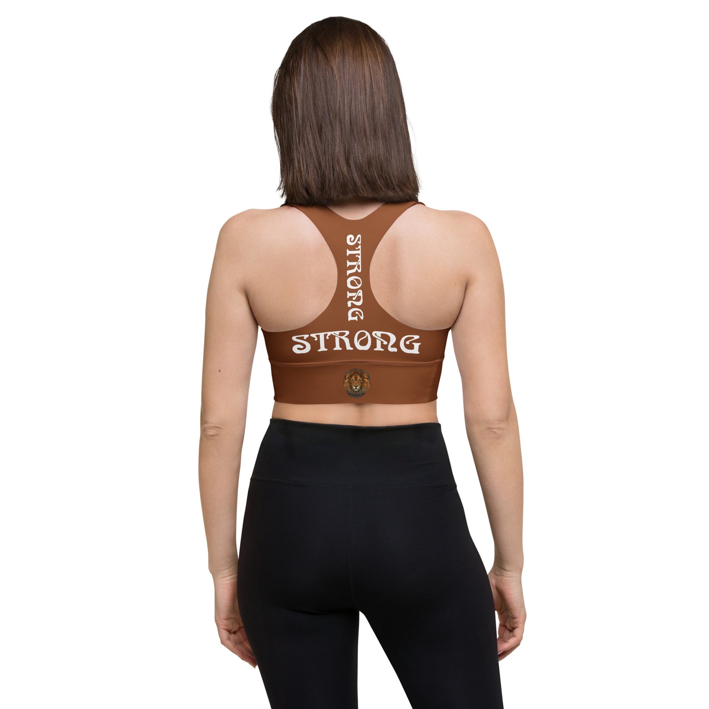 “STRONG”Brown Longline Sports Bra W/White Font