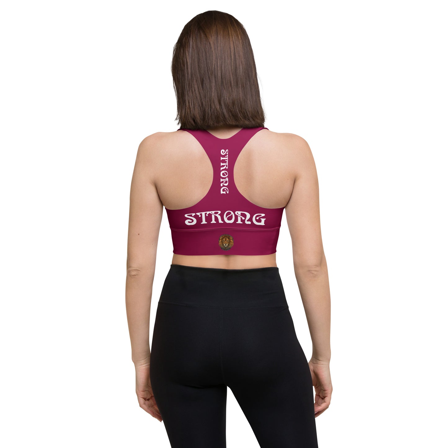 “STRONG”Burgundy Longline Sports Bra W/White Font