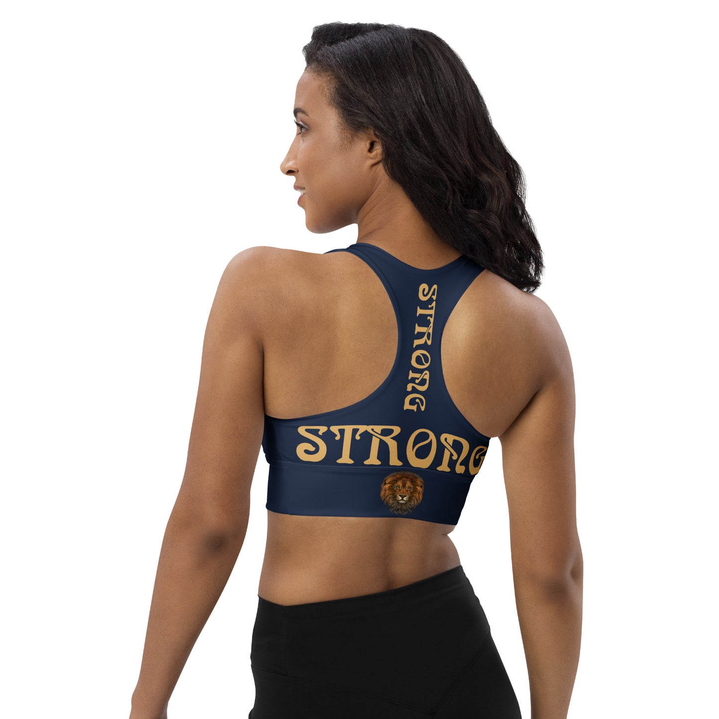 “STRONG”Navy Longline Sports Bra W/Fawn Font