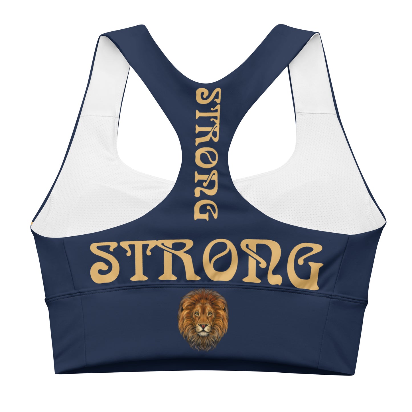 “STRONG”Navy Longline Sports Bra W/Fawn Font